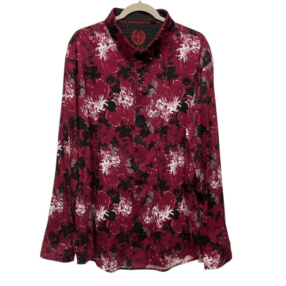 Au Noir Men's Floral Print  Button Up Shirt Size‎ 3XL Burgundy Long Sleeve Knit
